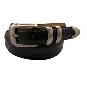 Men's Belt 36 Black Leather Alligator Lizard Embossed Silver Tone Buckle